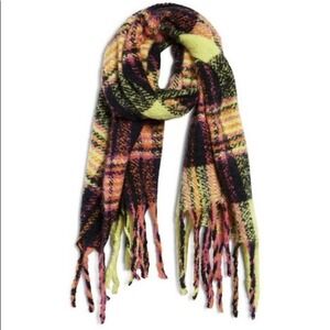BP Neon Plaid Blanket Fringe Scarf Yellow Black Pink Cozy Winter NWOT